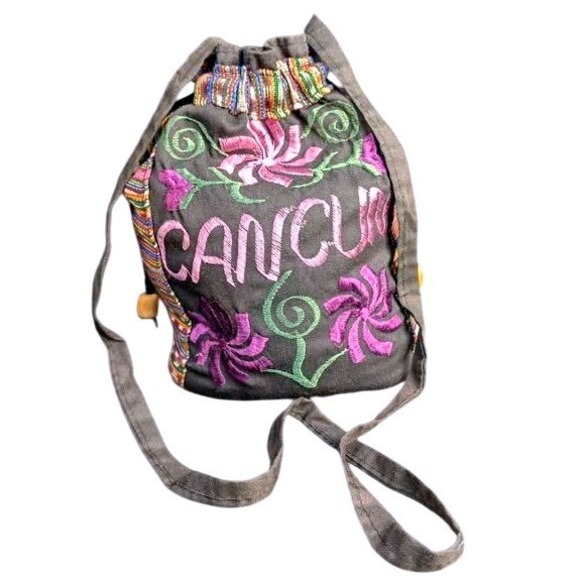 Handbags - Vintage Cancun‎ Mexico Embroidered Drawstring Bucket Bag Boho Artisanal Souvenir